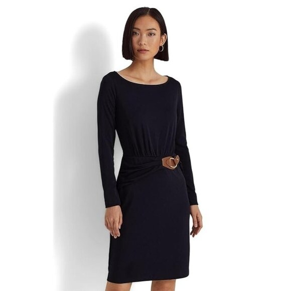 145$ Lauren Ralph Lauren Buckle Trim Stretch Mini Sheath Dress Size 0 Navy Blue - Picture 1 of 2